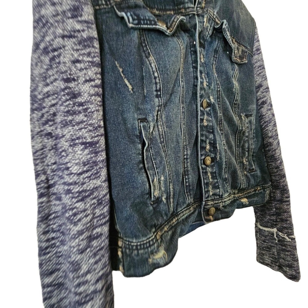 Free People Distressed Denim Jacket Knit Sleeves And Hood Women's Size Medium - Picture 2 of 4